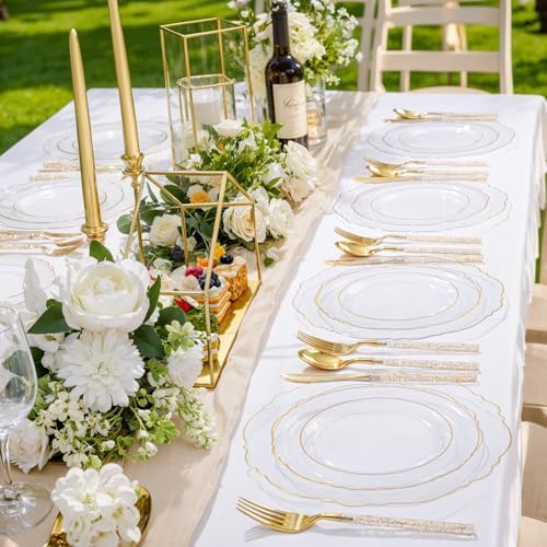 Liacere 150PCS Clear Gold Plastic Plates - Disposable Plastic Silverware with Glitter Bamboo Handle Cutlery-Baroque Clear Gold Disposable Plates for Wedding & Party & Thanksgiving & Fall Party - Image 2