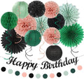 Sage-Green Blush-Pink Black Birthday Party-decorations - 21pcs Girls Woman Happy Banner Garland, Paper Streamers Lanterns,Flower Tissue Pom Poms Fan Supplies,Wall Backdrop Decor Huglony by Huglony
