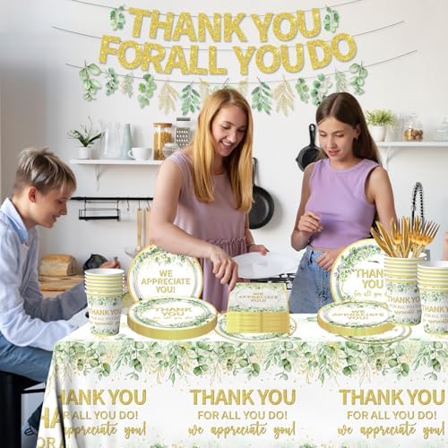 We Appreciate You Decorations - Sage Green Thank You Party Plates,Napkins,Banner Spring Eucalyptus Thank You for All You Do Table Decoration for Employee Teacher Graduation Appreciation Party - Image 2