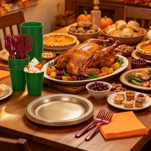 200pcs Fall Plastic Plates Party Supplies, Disposable 9’’ Heavy Duty Dinner Plates and Napkins, Cups & Cutlery Plastic Thanksgiving Dinnerware Set for Autumn Birthday, Harvest Party, Serves 50 Guests - Image 3