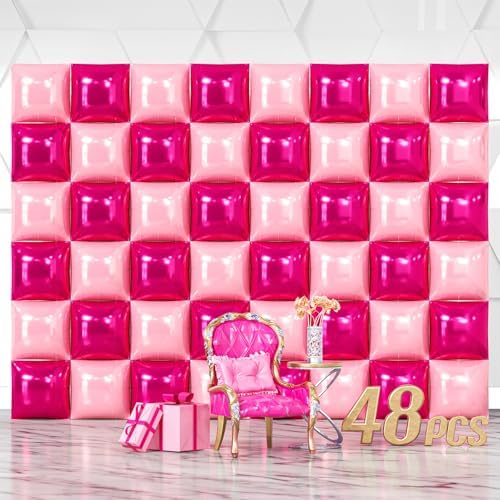 NISOCY 48PCS Hot Pink and Rose Square Foil Balloons Wall Backdrop by NISOCY