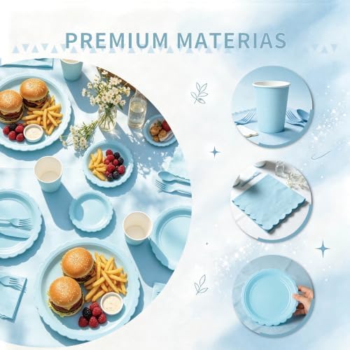 287PCS Blue Party Decorations Set, Complete 25 Guests Disposable Tableware Kit with Plates Cups Napkins Cutlery, Tablecloths, Foil Curtains, Balloon Boxes & Mixed Size Balloon Arch Kit - Image 3
