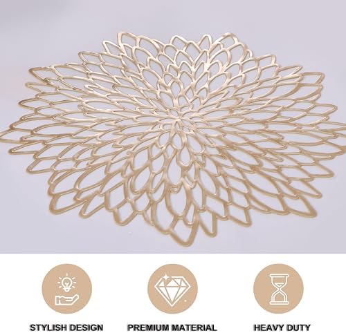 Snowkingdom Pack of 8 Gold Metallic Round Placemats Bulk Round Pressed Vinyl Leaf Dinning Kitchen Table Mats Decoration for Christmas Wedding Thanksgiving Party - Image 3