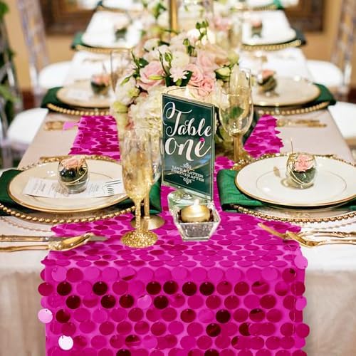 Pufogu 12 x 108 Inch Sequin Table Runner,Fuchsia Glitter Premium Big Sequin Table Runner, Rectangle Table Runners for Halloween, Christmas, Wedding Party, Birthday Party, Banquet Decor (1 Pack). - Image 2