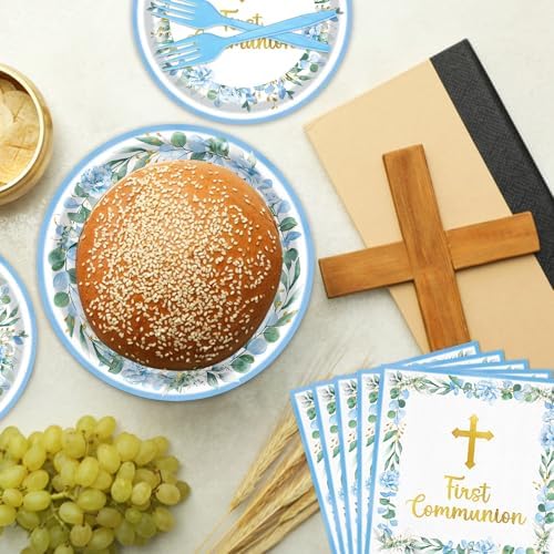 96 Pieces First Communion Floral Tableware Set – Blue Floral Cross Disposable Plates, Napkins for First Communion Party, Christening, Baptism, and Religious Celebrations – Serves 24 Guests - Image 6