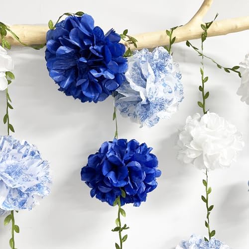 Blue and White Floral Royal Blue Tissue Flowers Pom Pom with Sage Green Leaf Ribbon Hanging Streamer Garland for Birthday Wedding Shower Engagement Chinoiserie Themed Party Decorations Supplies - Image 5