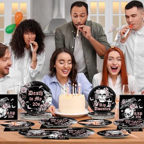 Qyeahkj 100 Pcs 30th Birthday Party Supplies Death to My 20s Paper Plates and Napkins Set Disposable Black Rose Gold Rip to My 20s Tableware Decorations for Women Funeral Youth Party Serve 25 Guests - Image 5
