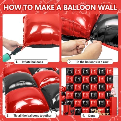 NISOCY 36PCS Red and Black Square Foil Balloons Wall Backdrop - Image 5