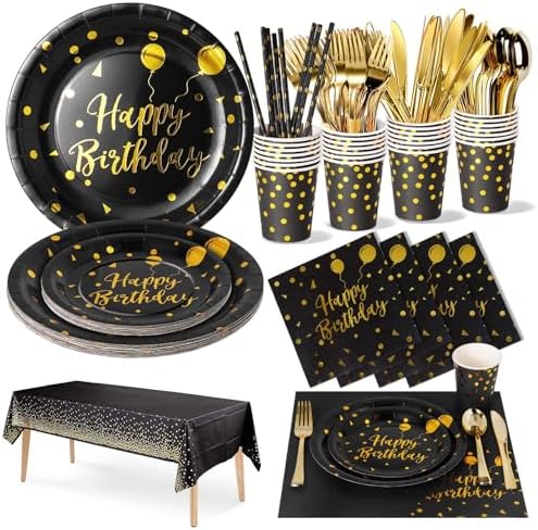 Nkaiso 161 Pcs Black Gold Birthday Plates and Napkins Set -20 Serves by Nkaiso