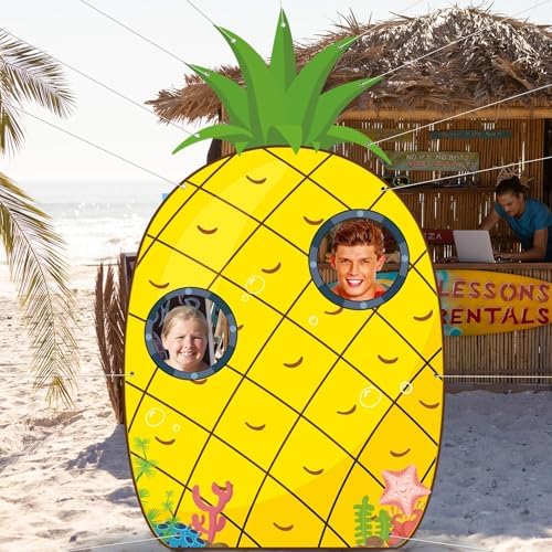 Pineapple Summer Photo Prop, Large Yellow Cartoon House Door Banner with 3 Photo Windows, Tropical Hawaii Party Supplies, Sea Beach Photography Background for Birthday Parties, Kids and Pets (80"x47") - Image 4