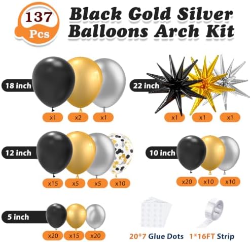 137Pcs Black Gold and Silver Balloons Garland Arch Kit with Stars - 5 10 12 18 inch Black Gold Silver Latex Party Balloons for New Year Birthday 2026 Graduation Retirement Party Decoration - Image 3