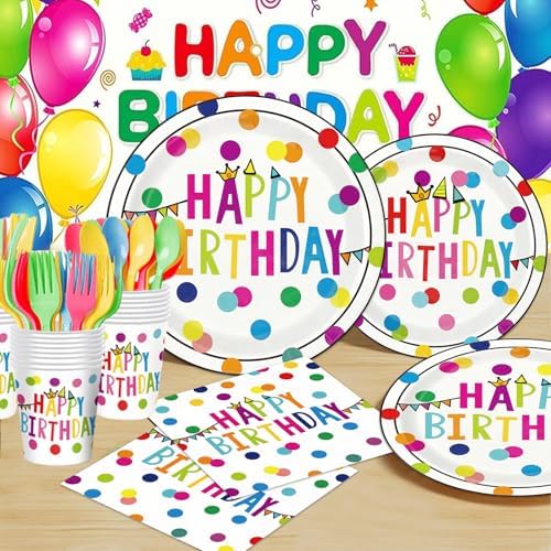 Birthday Plates & Napkins Party supplies - 175Pcs Happy Birthday Paper Plates and Napkins Sets, Disposable Happy Birthday Dots Tableware Set for Boys and Girls Party Decorations, Serves 25 - Image 2