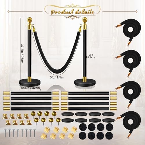 8 Pcs Black & Gold Stanchions with Velvet Ropes with 4 Pcs 5 Ft Black Velvet Ropes Carpet Ropes Posts Stanchion Set for Crowd Control Barriers for Weddings, Events, Hotels, and Party Decor - Image 2