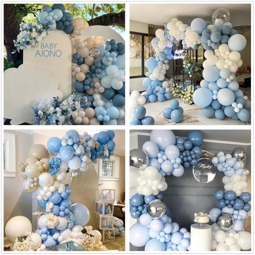 412Pcs Dusty Blue White Sand Balloon Arch Garland Kit,18 12 10 5 Inch Slate Fog Baby Blue Macaron Blue Sand White for Birthday Baby Shower Wedding Bridal Gender Reveal Decorations - Image 6