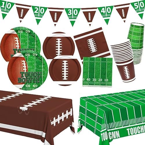 Gatherfun Football Party decorations Kit Serve 24,Includes Dinner Plates, Dessert Plates, Napkins, Cups,Banner and Touchdown Tablecloth for Football Birthday Decorations Game Day football Decorations by Gatherfun