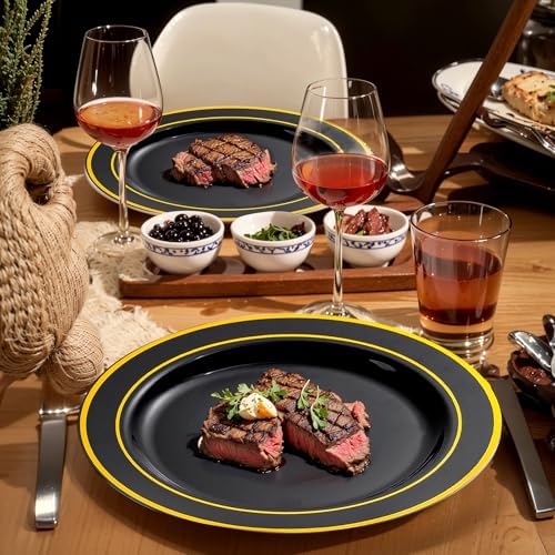 bUCLA 600PCS Black and Gold Disposable Dinnerware Set - Black Plastic Plates Disposable for Party Include 100 Dinner&100 Dessert Plates,100 Knives,100 Forks,100 Spoons,100 Cups for Party & Graduation - Image 3