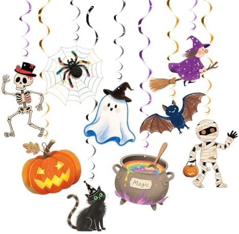 Halloween Hanging Party Decorations, 48 Pcs,Ceiling Decor Indoor Swirl Witches Cauldron Ghost Pumpkin Skull Cat Witch Party Supplies Sign,Black Purple Orange - Image 2