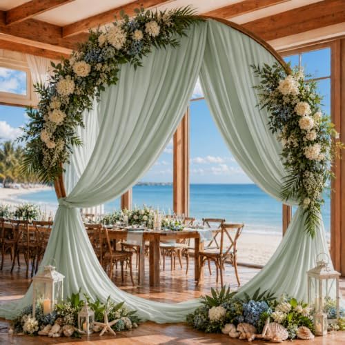 Sage Green Wedding Arch Draping Fabric Sheer Curtain Drapes 4 Panels | 20 ft Extra Long Shimmery Backdrop Curtains for Wedding Anniversary Party Summer Outdoor Events Drapery Photo Background - Image 3