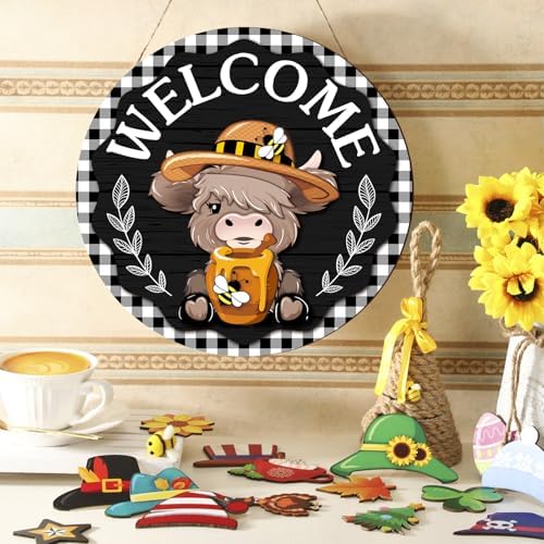 Vicenpal 35 Pcs Fall Interchangeable Highland Cow Welcome Sign, Plaid - Image 2