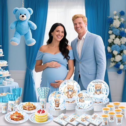 450 Pcs Bear Baby Shower Tableware Set, Serve 50, Blue - Image 4