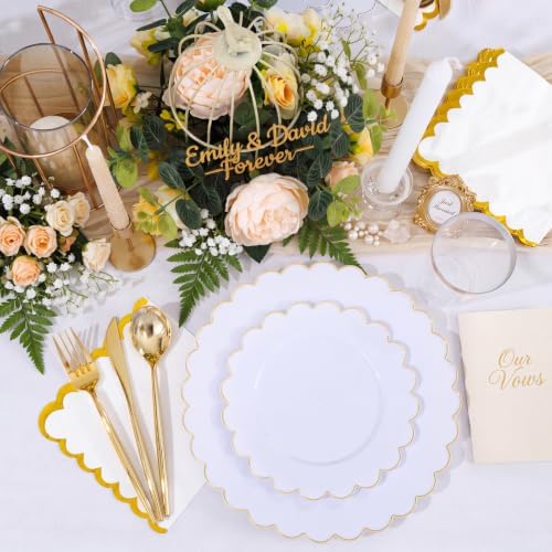 LIYH 210 Pcs Gold Scalloped Plastic Dinnerware Set 30 Guests - White Gold - Image 4