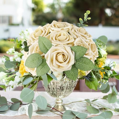 AmyHomie Beige Rose 25pcs Real Looking Artificial Flowers w/Stem - Image 4