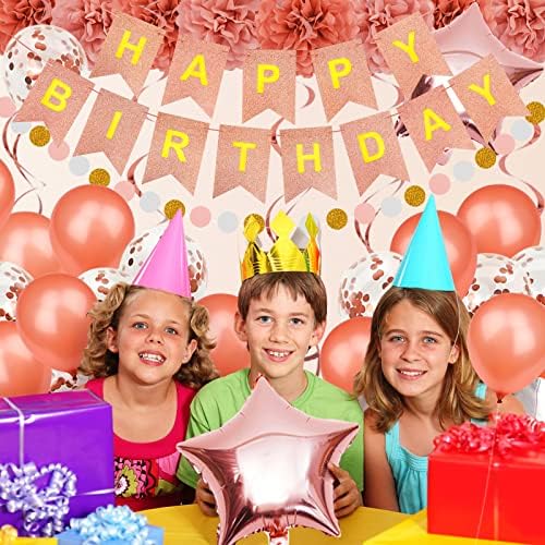 Birthday Decoration, Happy Birthday Banner, Tissue Paper Pom Poms, Hanging Paper Fan Set and Balloons for All Birthday Party Decorations, Rose Gold - Image 6