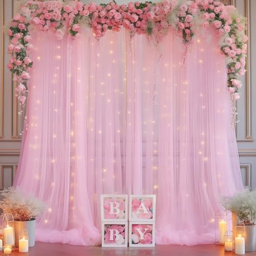 10×10ft Pink Tulle Backdrop Curtain with Lights String for Parties, Sheer Photo Curtain Backdrop Drapes for Wedding Party Photography Backgrounds by WishCare