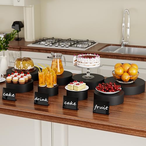 Round Metal Buffet Risers,4PCS Food Risers for Buffet Table 6in to 12in with Mini Acrylic Signs for Catering Dessert Collectibles Jewelry Figures Show Matte Black Cube Boxes Nesting Risers with Hollow Bottoms - Image 3