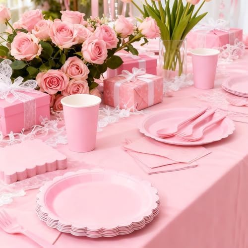 176 PCS Pink Party Decorations - Light Pink Scalloped Plates, Napkins, Cups, Cutlery, Tablecloth for Baby Shower, Wedding, Birthday Party Decorations, Serves 25 - Image 7