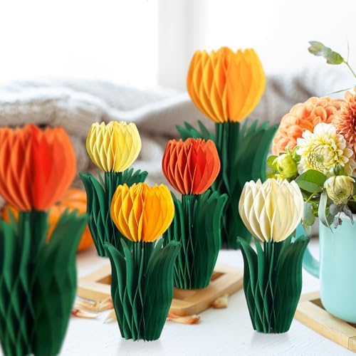 SUNBEAUTY 8PCS Flower Honeycomb Decoration Spring Decorations for Office Spring Table Decor Tulip Honeycomb Flower Mother's Day Decoration Orange Tulip Decor Spring Decor Tulips Table Centerpieces - Image 5
