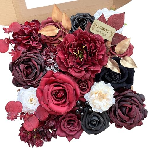FACINOC Roses Artificial Flowers Burgundy Black Fake Flower Bulk with Stems by FACINOC