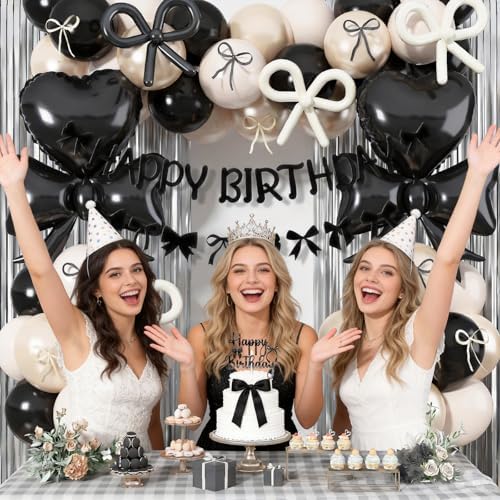 Black Bow Birthday Party Decorations, Coquette Bow Black Sand White Beige Balloons with Bows Decor Happy Birthday Banner Fringe Curtain for Women Girls Bows Theme Bachelorette Baby Shower Party - Image 2