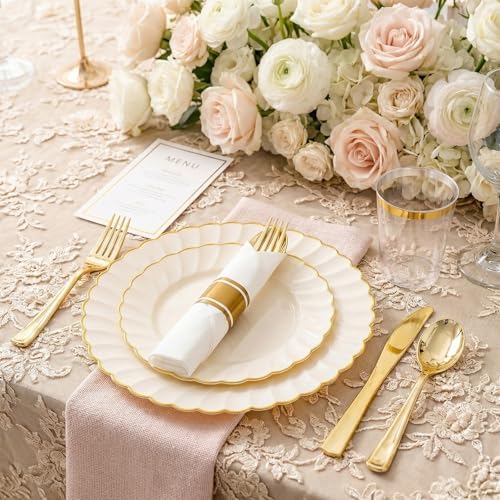 YOUBET 350PCS Ivory Scalloped Plastic Plates for Wedding Party - Image 3