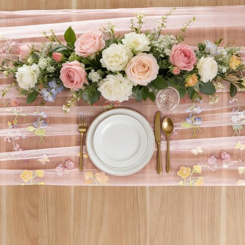 BINBE 1pcs Pink Florals Table Runner Embroidery Gauze 10FT Daisy Seasonal Tulle Birthday Wedding Holiday Kitchen Dining Table Decor for Home Party - Image 4