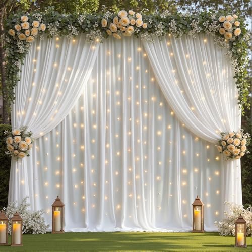 20 x 10ft White Backdrop Curtains with Lights String for Party - Image 2