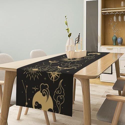 Sun Moon Table Runner Magical Boho Tarot Astrology Stars Seasonal Autumn Chinese Gold Clouds Dinner Runner for Farmhouse Party Holiday Home Kitchen Dining Table Decoration 13"x70" - Image 2