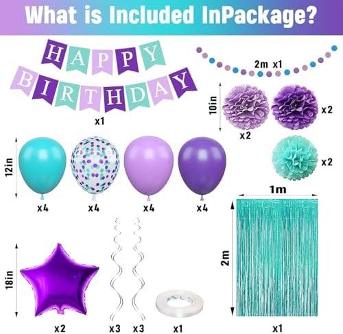 Mermaid Birthday Decorations Purple Teal Blue Party Balloons Happy Birthday Banner Dots Garland Purple Turquoise Green Fringe Curtain Pompom Swirls for Girl Women Baby Shower Party Decoration - Image 2