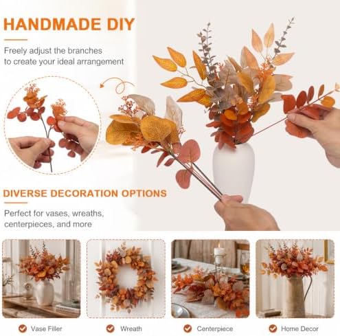 lovemoon 130 Pcs Fall Mixed Greenery Artificial Eucalyptus Stems, Orange - Image 4