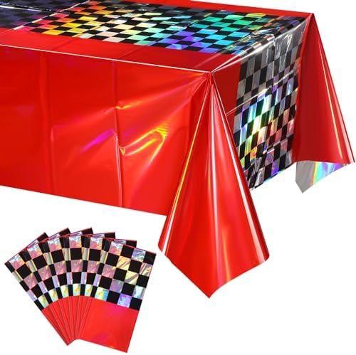 6Pack Iridescent Race Car Plastic Tablecloth, Disposable Shiny Laser Red and Black Checkered Table Cloth, Holographic Foil Rectangle Tablecloth for Race Car Boys Birthday Party Decorations, 54x108Inch by EnjoyYourFunnyParties