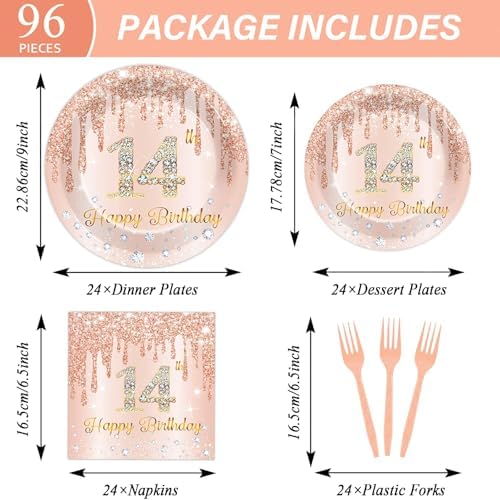 96 Pcs Rose Gold 14th Birthday Party Plates and Napkins for Girls Rose Gold Party Supplies Pink Happy 14 Years Birthday Party Tableware Set for 24 Guests Party Decorations - Image 2