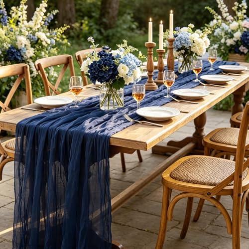 Navy Blue Table Runner, 10FT Rustic Gauze Blue Table Runner 35*120inch Boho Table Runners for Wedding Bridal Shower Birthday Baby Shower Table Centerpiece Decorations - Image 5