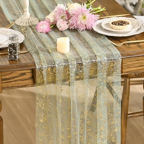 Artoid Mode Sage Green Gold Gauze Table Runner 120 Inch 10FT, Glitter Metallic Foil Sheer Dining Wedding Anniversary Holiday Birthday Table Decor for Home Party by ArtoidMode
