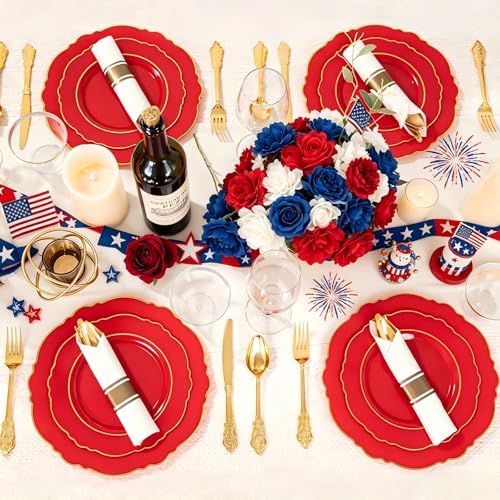 Liacere 350PCS Red Plastic Plates - Red Disposable Plates With Gold Rim - 50Guest Baroque Plastic Dinnerware include 100Plates-50Pack Pre Rolled Napkins with Silverware 50Cups for Independence Day - Image 3