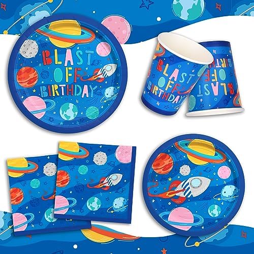 Outer Space Party Supplies - Solar System Planet-Themed Disposable Paper Plates, Napkins, Cups, Tablecloth, and Banner: Ideal Galaxy Space Birthday Decorations for Party of 25 - Image 4