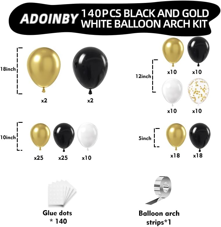 Black and Gold Balloon Arch Kit, ADOINBY 140Pcs Black White Metallic Gold Confetti Latex Balloons 18 12 10 5 Inch Different Size Balloons for Birthday Anniversary Graduation Wedding Party Decorations - Image 2