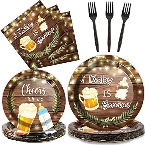 96Pcs A Baby is Brewing Baby Shower Party Supplies Set Plates Napkins Tableware Kit for Birthday Party Paper Tableware Set Table Decorations Favors Serves 24 Guests with Forks by partygreeting