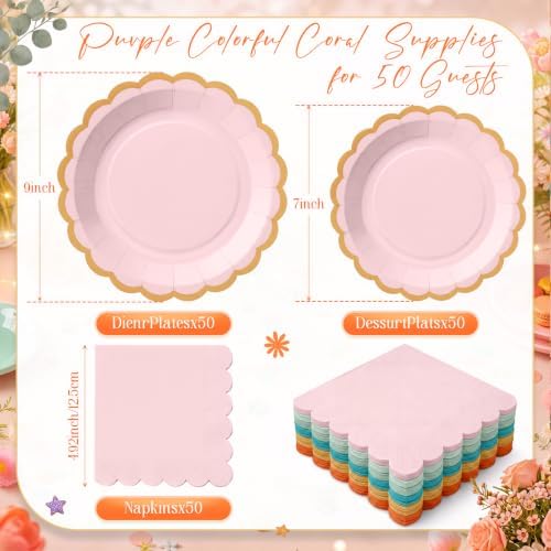 Zhehao 150 Pcs Coral Paper Plates Napkins Serves 50 - Image 3