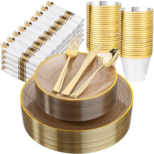Morejoy 350PCS Clear Brown Plastic Plates - Disposable Gold Party Plates by Morejoy