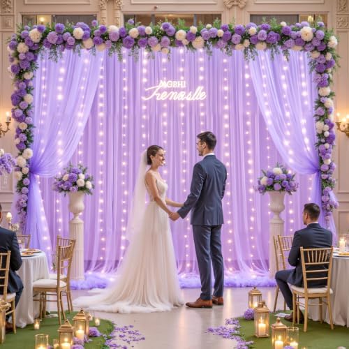Lavender Tulle Backdrop Curtain with Led Lights for Wedding Baby Shower Girls 10ft X 8ft Lilac Lavender Sheer Backdrop Curtain for Birthday Party Bridal Shower Photoshoot Background Decorations - Image 6